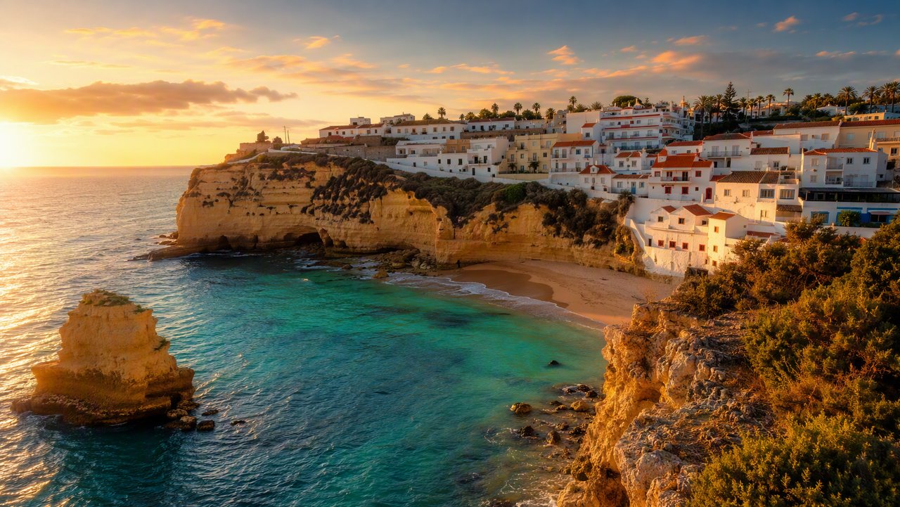 Golden cliffs of Carvoeiro and the Atlantic at dusk, in the Algarve